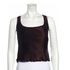 Vintage Jeanne Marc Square Neck Silky Cropped Accordion Pleat Lettuce Trim Top